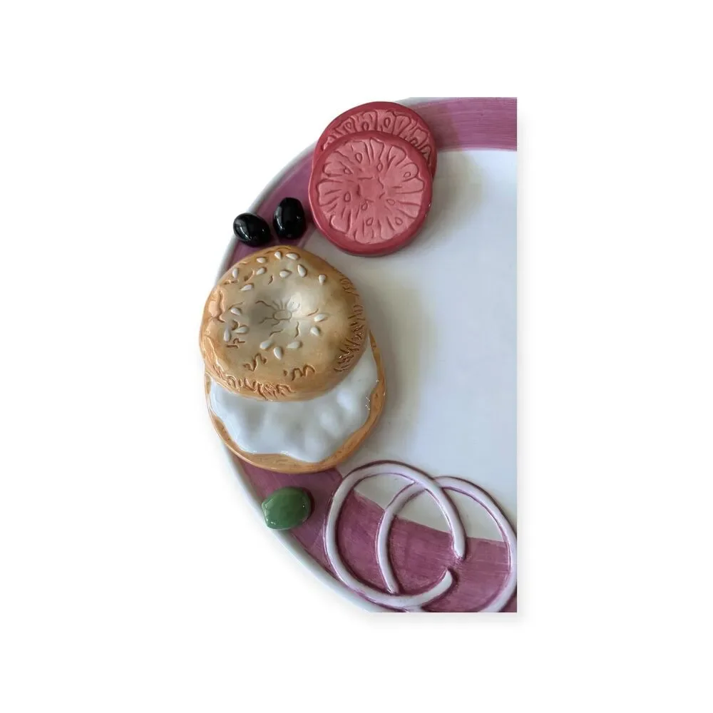 Vintage LARGE 3D Bagel Lox Plate, Kitsch Novelty Ceramic  Platter, Decor